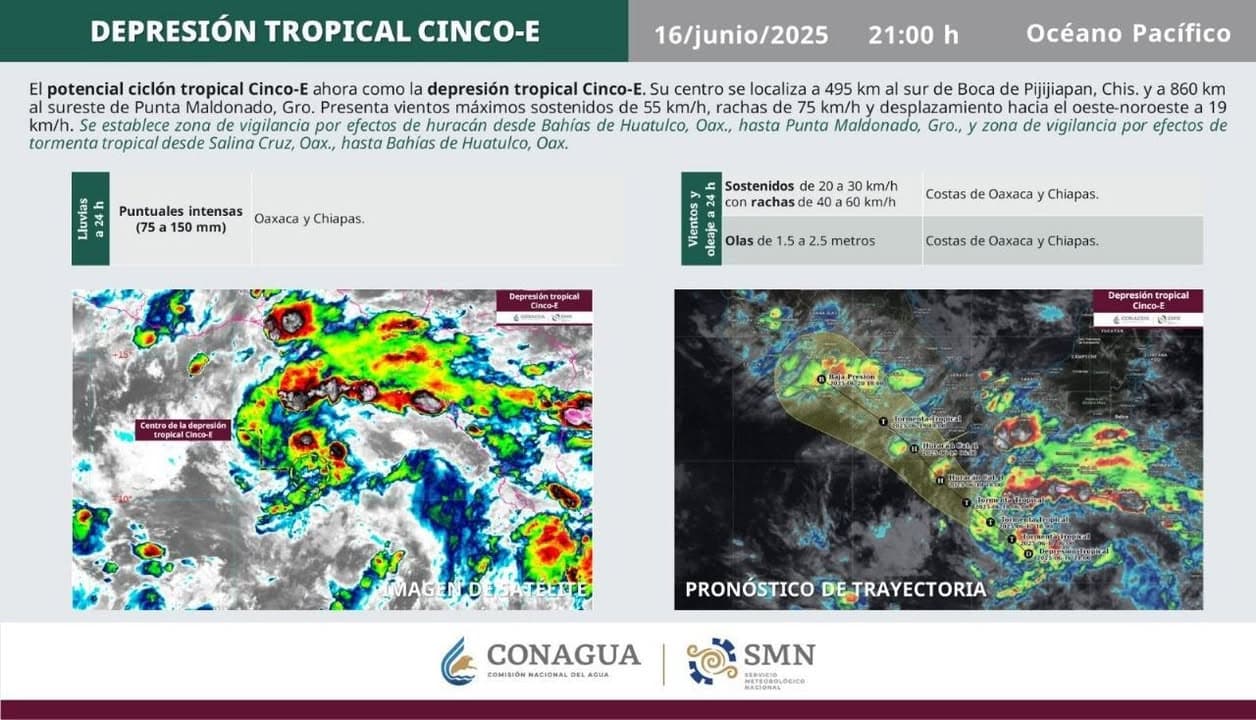 LA DEPRESIÓN TROPICAL CINCO-E PODRÍA INTENSIFICARSE A HURACÁN EN LAS PRÓXIMAS 48 HORAS