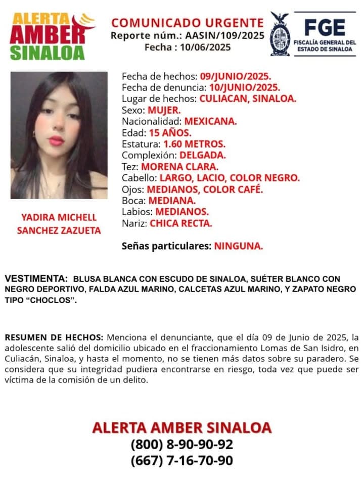 Activan #AlertaAmber por desaparición de Yadira Michell en #Culiacán