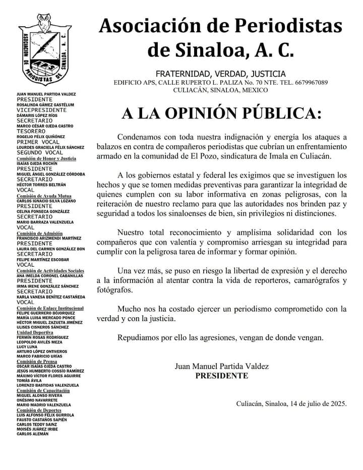Que de investiguen los hechos del ataque a balazos contra periodistas en Culiacán: APS