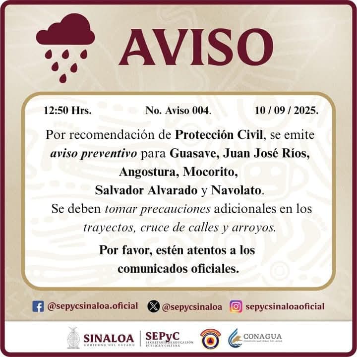 #AVISO de Protección Civil por lluvias en #Sinaloa