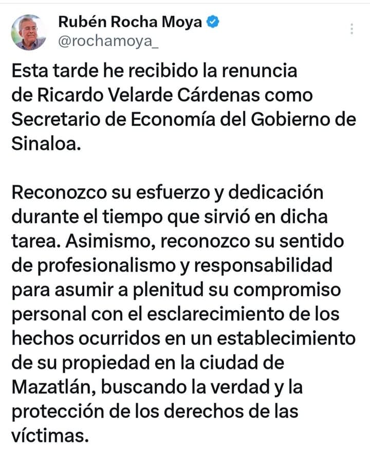 CONFIRMA EL GOBERNADOR RUBÉN ROCHA RENUNCIA DE RICARDO, PITY, VELARDE A LA SECRETARÍA DE ECONOMÍA