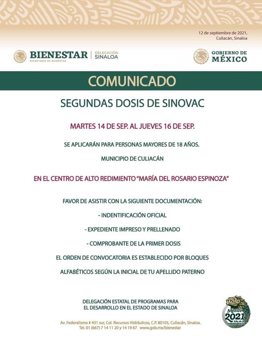 Aplicarán segundas dosis Sinovac para mayores de 18 años y más en Culiacán Aplicarán segundas dosis Sinovac para mayores de 18 años y más en Culiacán