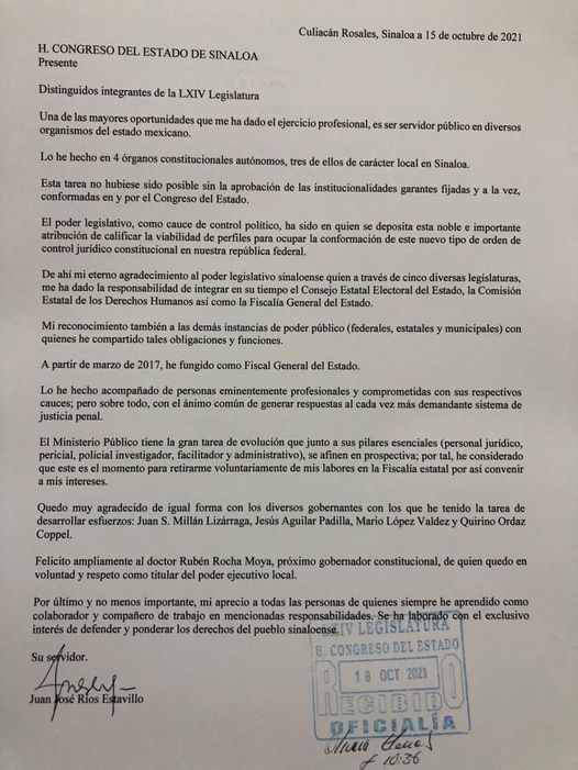 Oficial: Juan José Ríos Estavillo envía al Congreso de Sinaloa su renuncia como Oficial: Juan José Ríos Estavillo envía al Congreso de Sinaloa su renuncia como