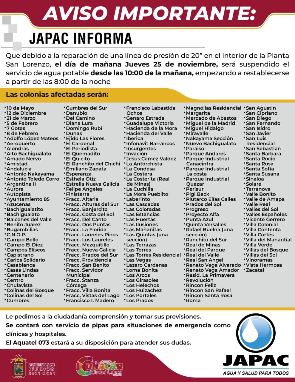 Mañana se quedarán sin el servicio de agua potable colonias de la zona sur de Culiacán