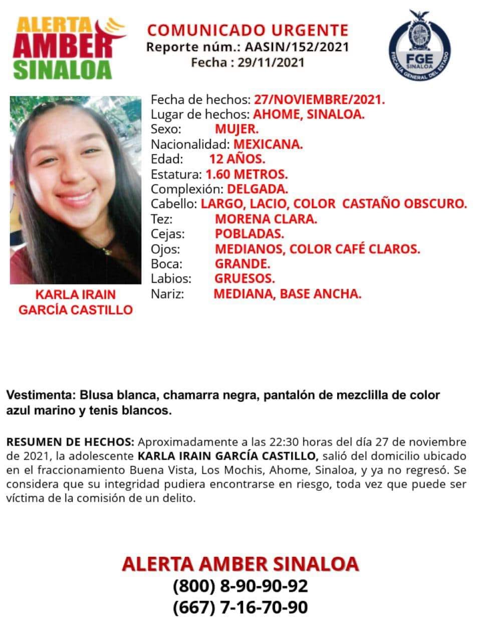 Emiten Alerta Amber por desaparición de adolescente en LosMochis Emiten Alerta Amber por desaparición de adolescente en LosMochis