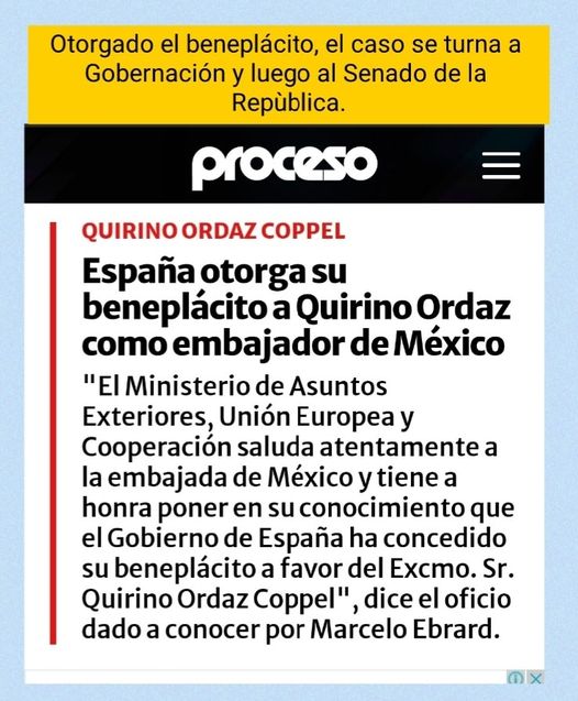 OTORGA ESPAÑA BENEPLÁCITO A QUIRINO ORDAZ COMO EMBAJADOR DE MÉXICO EN ESE PAÍS