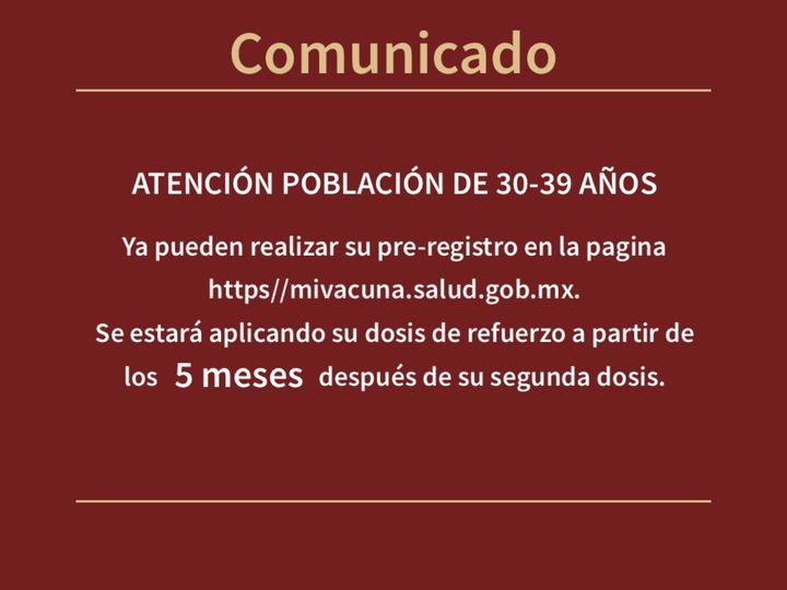 AVISO IMPORTANTE..
 LA POBLACIÓN DE 30 A 39 AÑOS YA PUEDEN REALIZAR SU PRE-REG