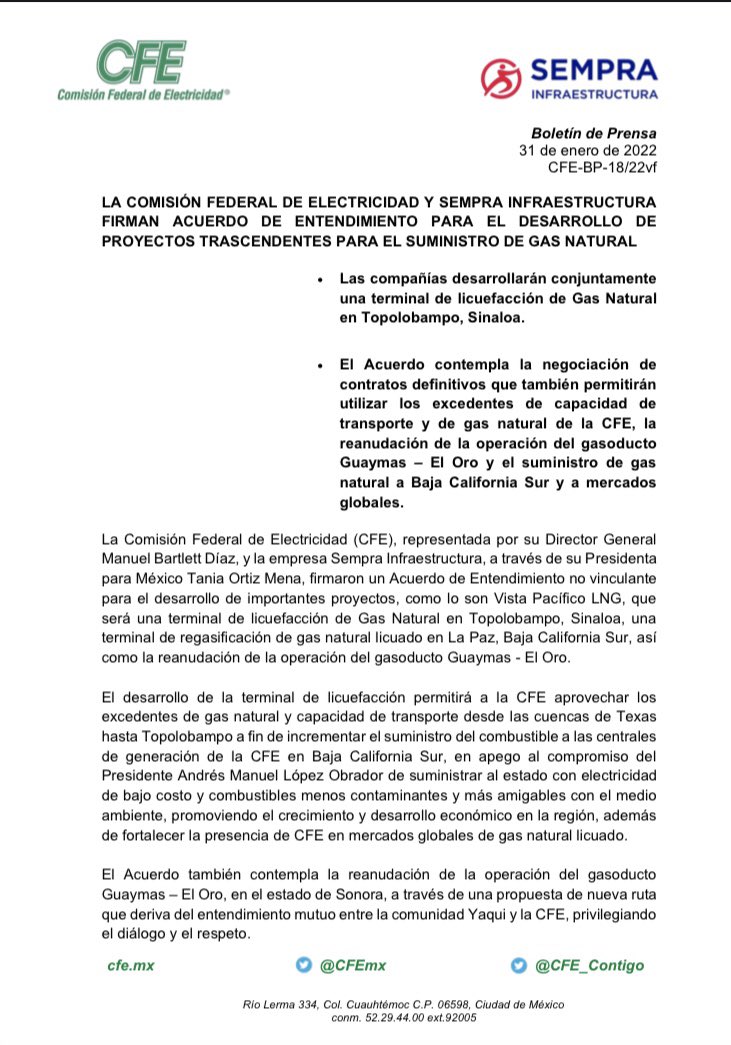 LICUARÁN GAS NATURAL EN TOPOLOBAMPO.
FIRMA CFE CONVENIO CON EMPRESA PARA IN LICUARÁN GAS NATURAL EN TOPOLOBAMPO.
FIRMA CFE CONVENIO CON EMPRESA PARA IN
