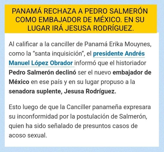 RECHAZA PANAMÁ A SALMERÓN Y EN SU LUGAR AMLO PROPONE A JESUSA RODRÍGUEZ.