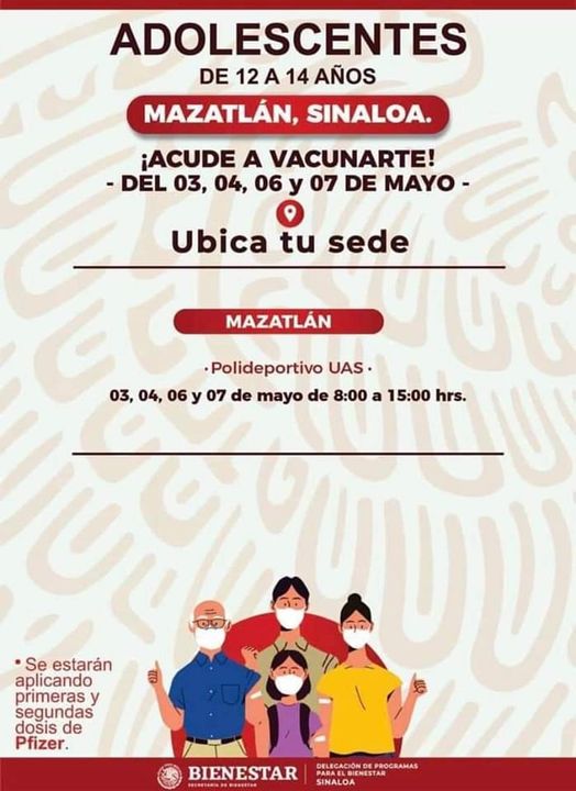 ATENCIÓN ADOLESCENTES DE 12 a 14 AÑOS EN MAZATLÁN
Ahora es su turno, de hoy, ATENCIÓN ADOLESCENTES DE 12 a 14 AÑOS EN MAZATLÁN
Ahora es su turno, de hoy,