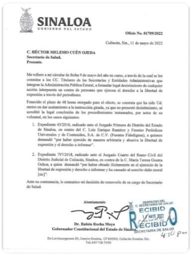 CESA EL GOBERNADOR RUBÉN ROCHA A HÉCTIR MELESIO CUÉN COMO SECRETARIO DE SALUD.