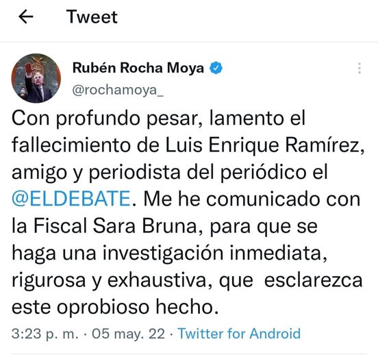 Posicionamiento en twitter del gobernador Rubén Rocha, en relación al asesinat