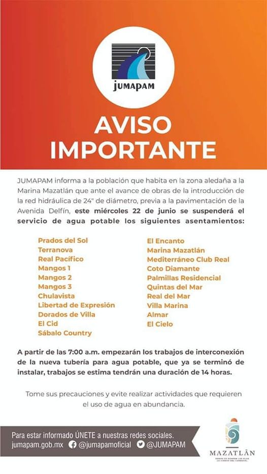 ESTE MIERCOLES 21 COLONIAS DE MAZATLÁN TENDRÁN CORTE DE AGUA ESTE MIERCOLES 21 COLONIAS DE MAZATLÁN TENDRÁN CORTE DE AGUA
