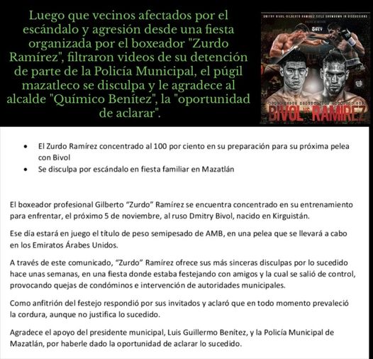 EL BOXEADOR «ZURDO RAMÍREZ» SE DISCULPA Y DICE QUE LA FIESTA SE «SALIÓ DE CONTRO EL BOXEADOR «ZURDO RAMÍREZ» SE DISCULPA Y DICE QUE LA FIESTA SE «SALIÓ DE CONTRO