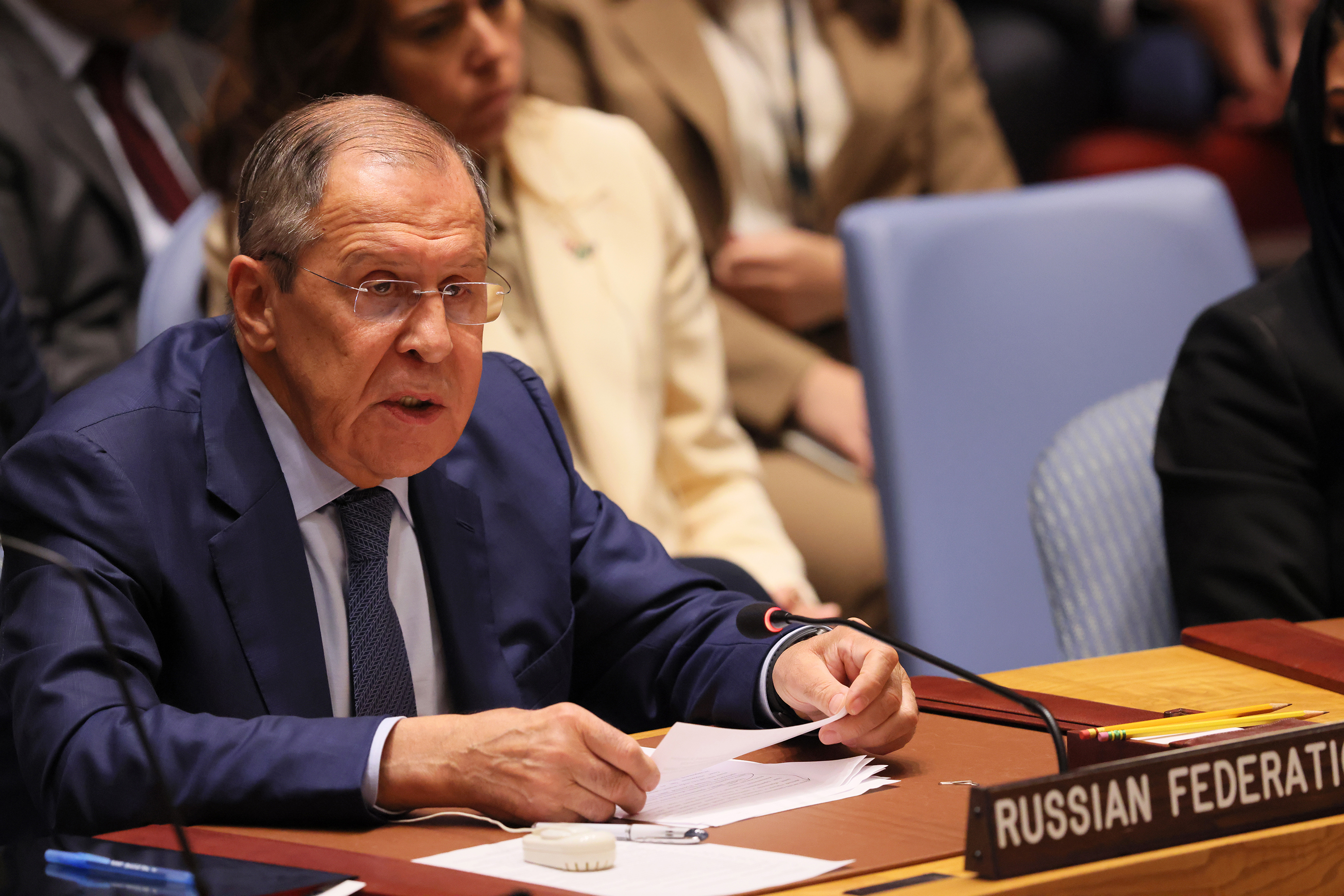 El ministro de Relaciones Exteriores de Rusia, Sergey Lavrov, habla durante la reunión del Consejo de Seguridad de la ONU para discutir el conflicto en Ucrania el 22 de septiembre.