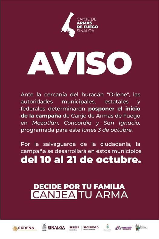 ANTE CERCANÍA DE “ORLENE” SE POSPONE CANJE DE ARMAS EN MAZATLÁN ANTE CERCANÍA DE “ORLENE” SE POSPONE CANJE DE ARMAS EN MAZATLÁN