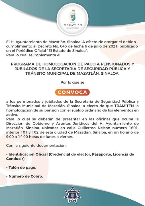 *Goberno de Mazatlán implementa programa de homologación de pago a policías pens *Goberno de Mazatlán implementa programa de homologación de pago a policías pens