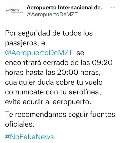 POR OLA DE VIOLENCIA, CIERRAN AEROPUERTO DE MAZATLÁN; HOY NO HAY SALIDAS NI LLEG