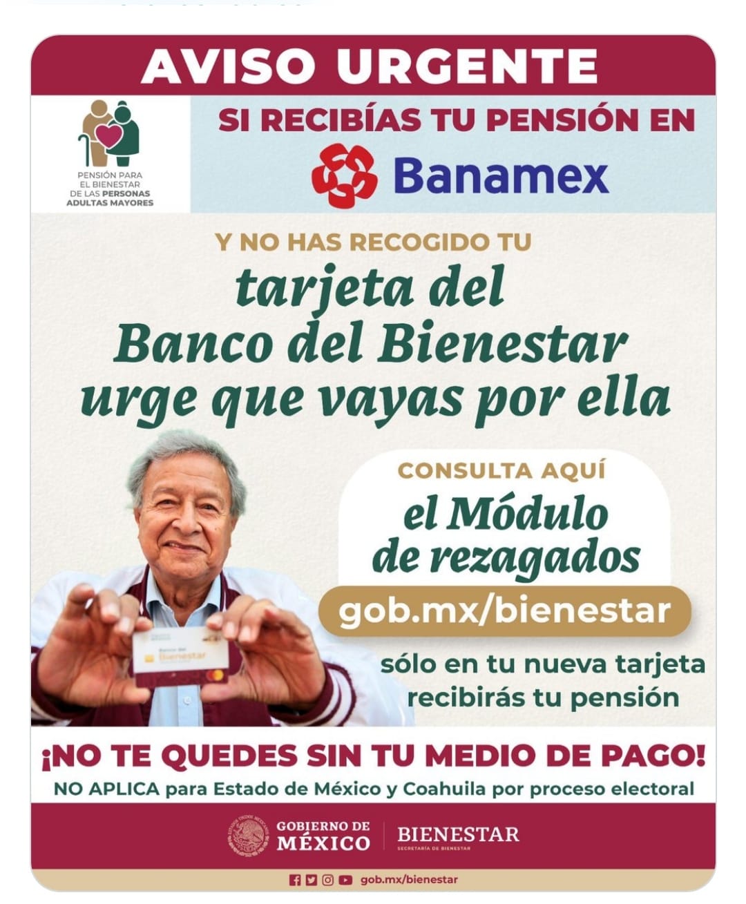 A LOS ADULTOS MAYORES QUE RECIBEN PENSIÓN DE BIENESTAR Y TIENEN TARJETA BANAMEX A LOS ADULTOS MAYORES QUE RECIBEN PENSIÓN DE BIENESTAR Y TIENEN TARJETA BANAMEX