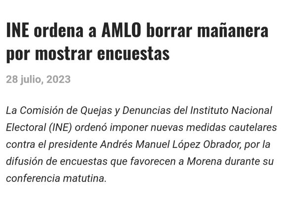 INE ORDENA A AMLO BORRAR MAÑANERA POR MOSTRAR ENCUESTA.