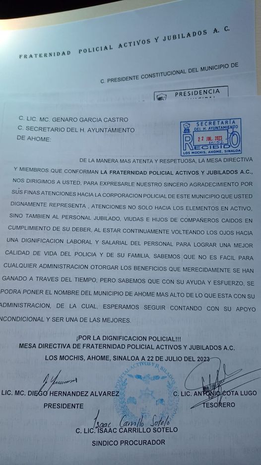 LA FRATERNIDAD «POLICIAS ACTIVOS Y JUBILADOS A. C. » , AGRADECEN AL SECRETARIO D