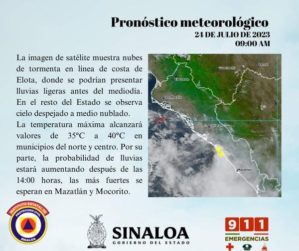 Pronóstico del día de hoy lunes 24 de julio. La probabilidad de lluvias estará a
