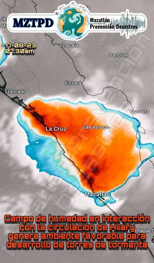 Aviso de Tormenta Campo de humedad en interacción con la circulación de Hilary Aviso de Tormenta Campo de humedad en interacción con la circulación de Hilary