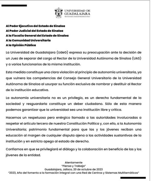 Condena la Universidad de Guadalajara desición de un juez local para separar del