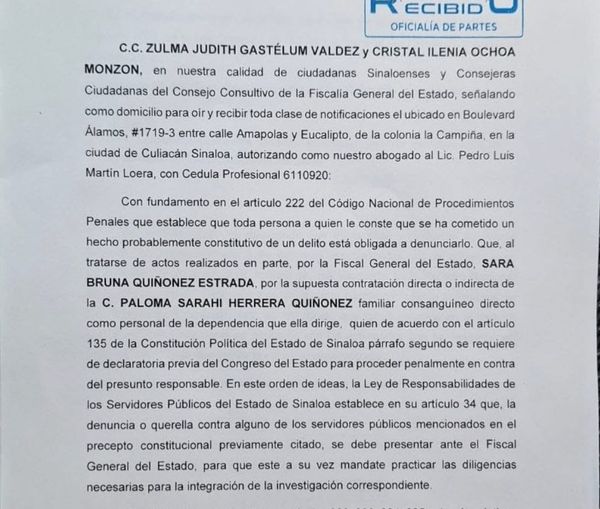 DENUNCIAN CONSEJERAS CIUDADANAS A LA FISCAL GENERAL DEL ESTADO, SARA BRUNA QUIÑÓ