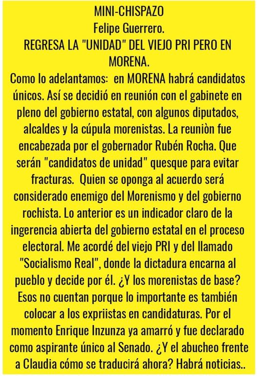 REGRESA LA «UNIDAD» DEL VIEJO PRI PERO EN MORENA.