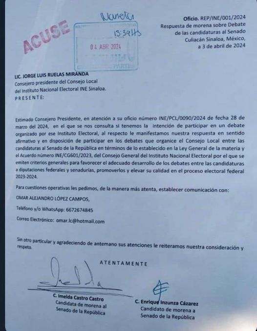 A través de su  cuenta personal de twitter, ￼ el candidato al Senado, Enrique In