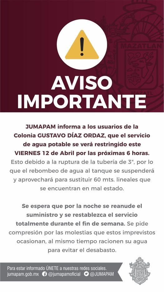 *ATENTO AVISO* *JUMAPAM* informa a los usuarios de la Colonia *GUSTAVO DÍAZ ORDA *ATENTO AVISO* *JUMAPAM* informa a los usuarios de la Colonia *GUSTAVO DÍAZ ORDA