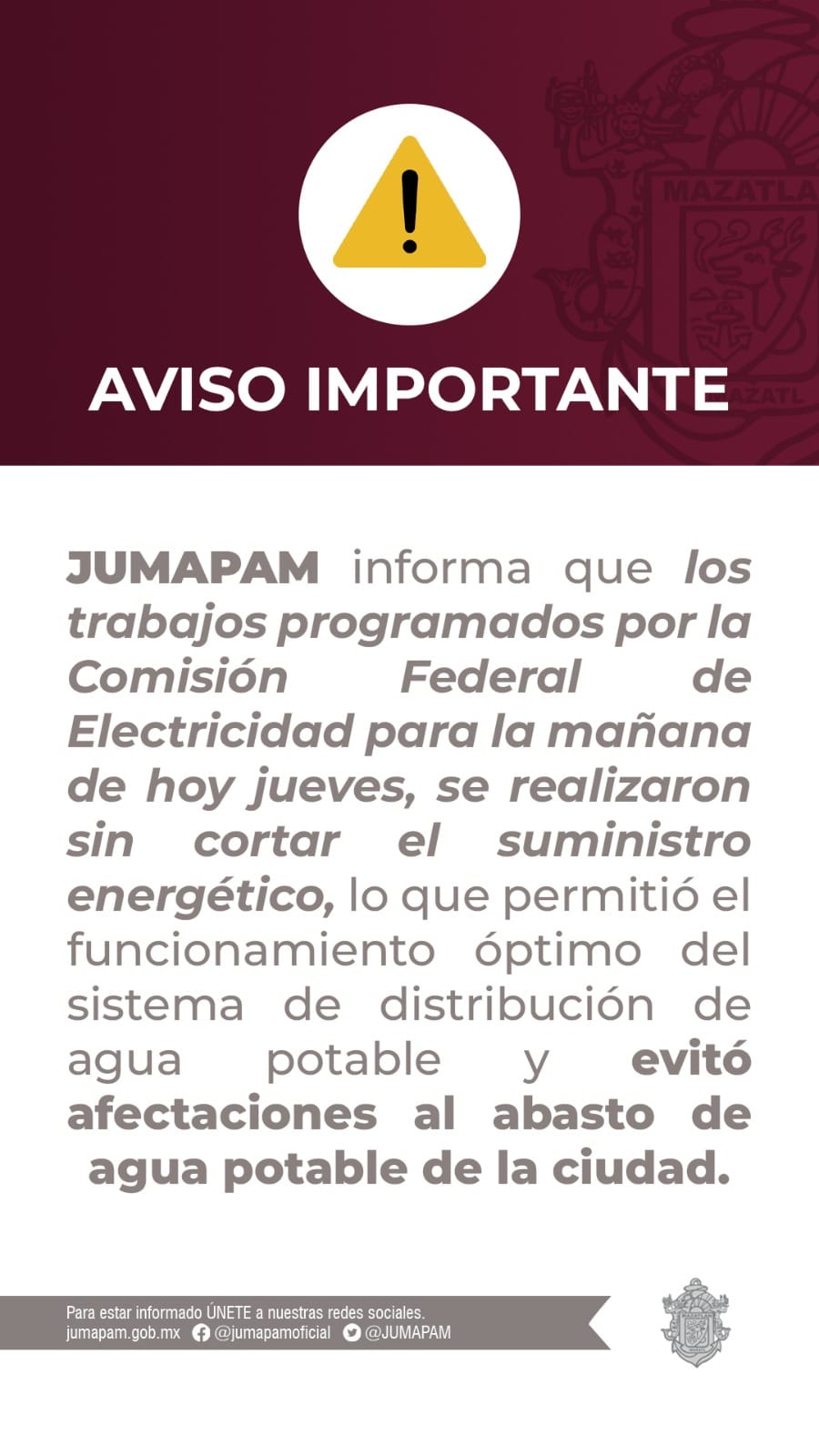TRABAJOS DE CFE NO AFECTARON AL SUMINISTRO DE AGUA