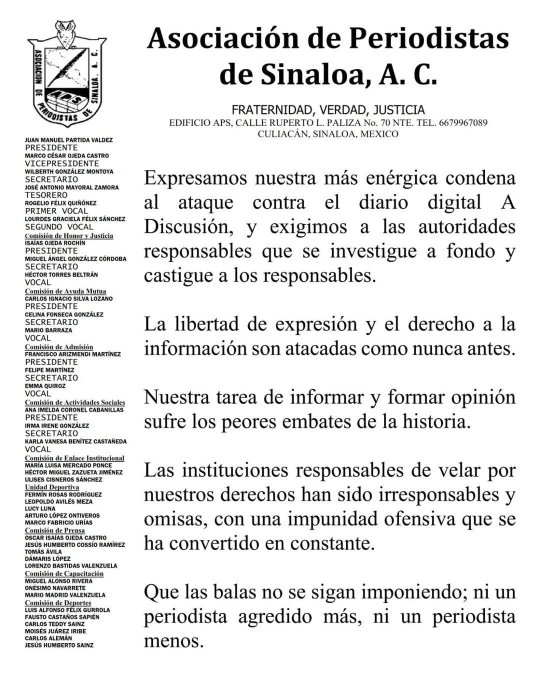 Condena la Asociación de Periodistas de Sinaloa, que preside Juan Manuel Partida