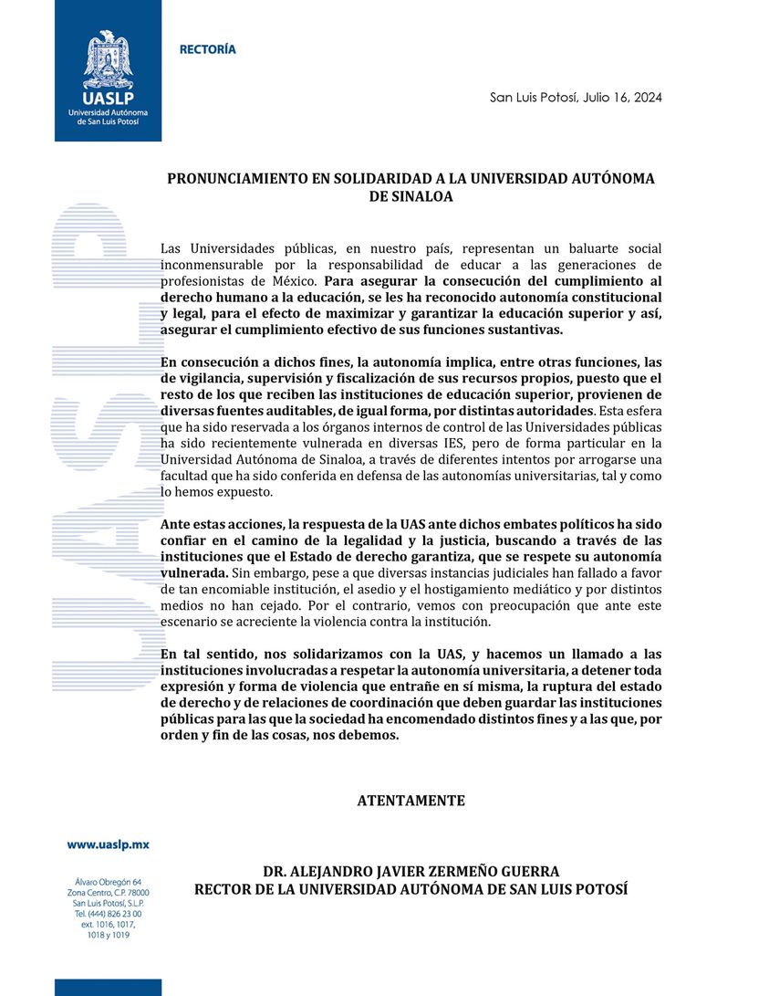 La Universidad Autónoma de San Luis Potosí se solidariza con la UAS; llama a respetar la autonomía y detener toda expres…