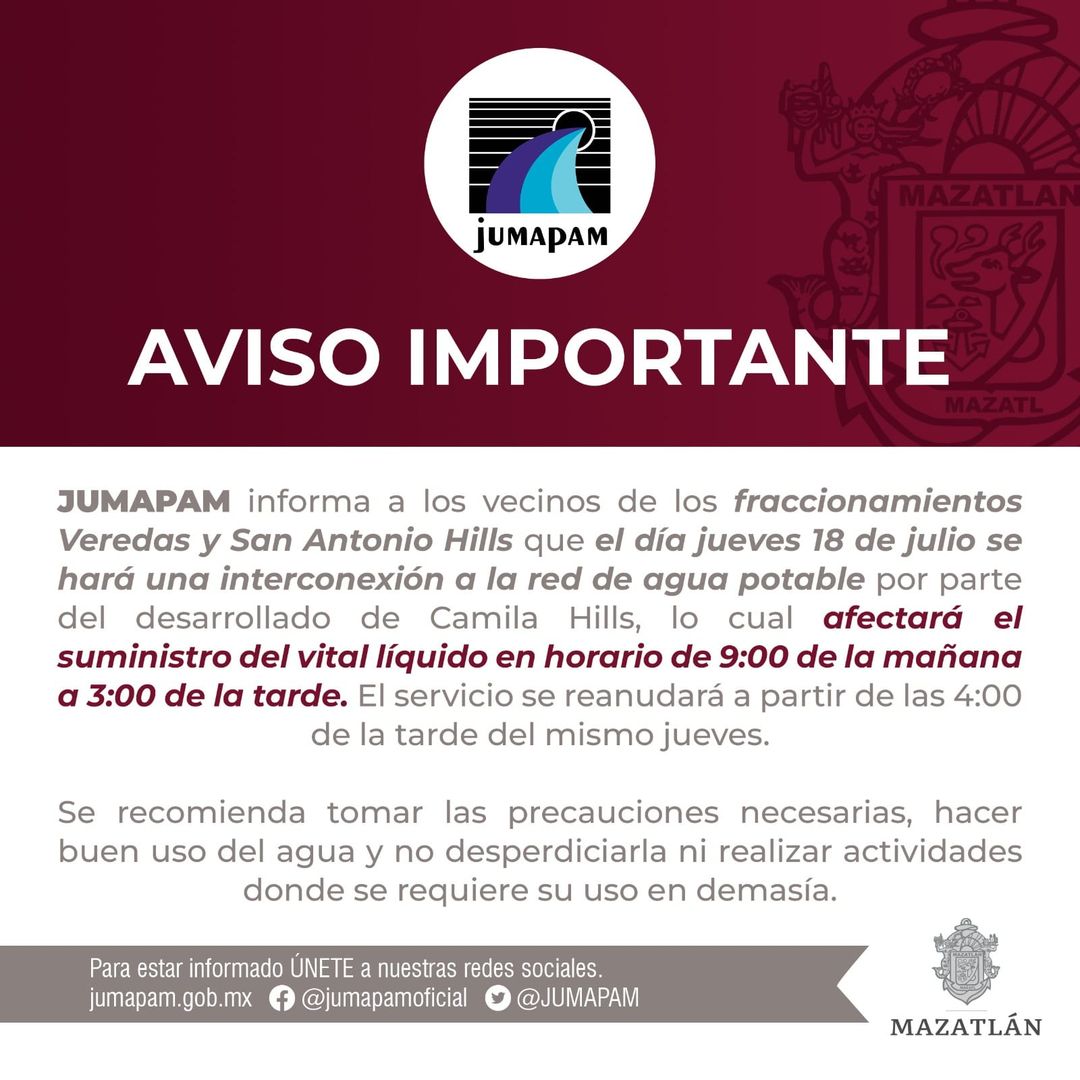 ATENCIÓN VEREDAS Y SAN ANTONIO HILLS JUMAPAM informa a los vecinos de los fraccionamientos Veredas y San Antonio Hills q…