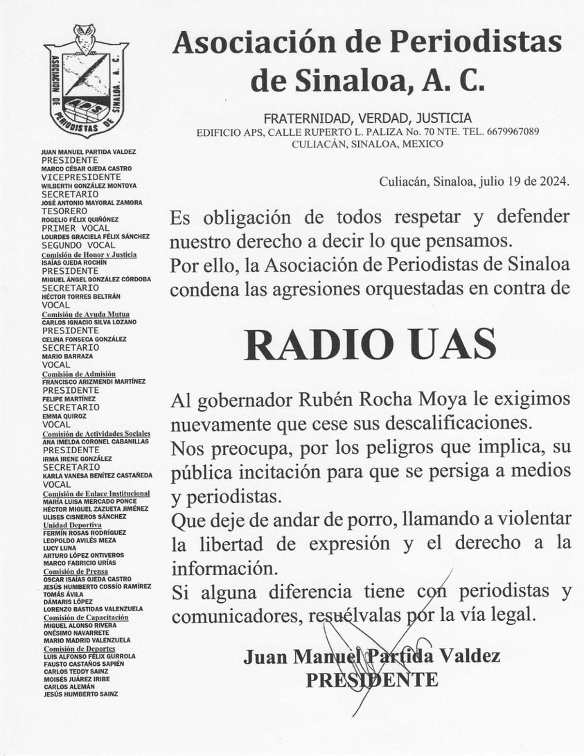 Posicionamiento de la Asociación de Periodistas de Sinaloa, que dirige Juan Manuel Partida Valdez, en donde se exige al…
