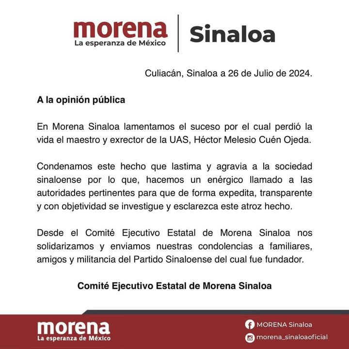 LAMENTA MORENA SINALOA ASESINATO DE HÉCTOR MELESIO CUÉN OJEDA