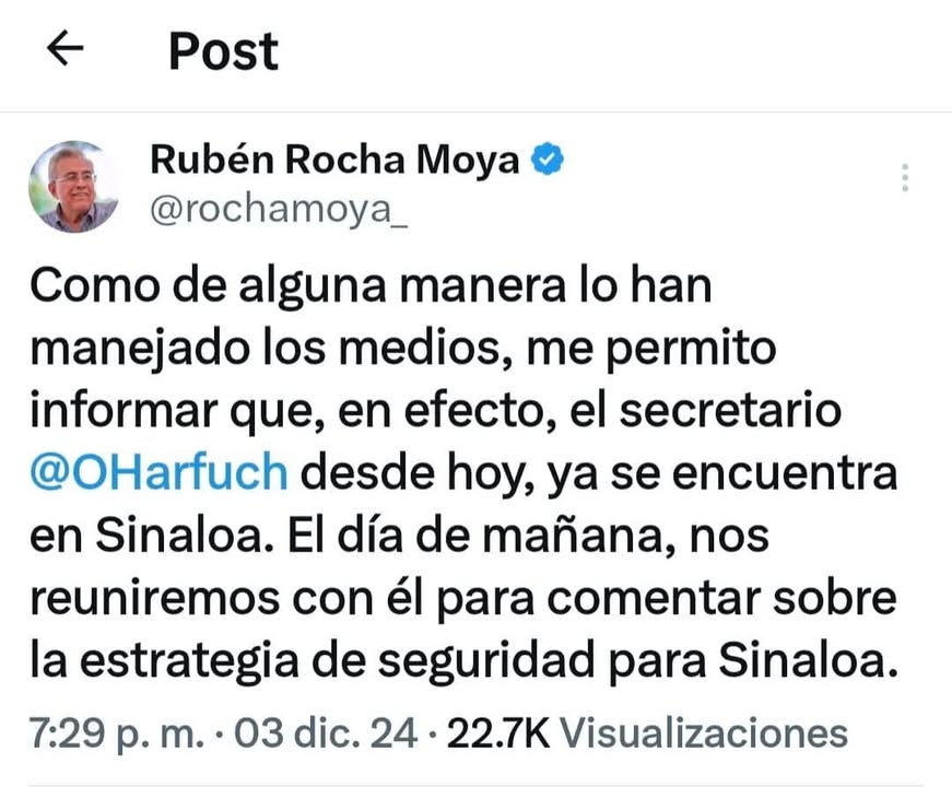 En cuanto el gobernador Ruben Rocha anunció en su cuenta de X que García Harfuch ya está en Sinaloa para definir mañana una estr…