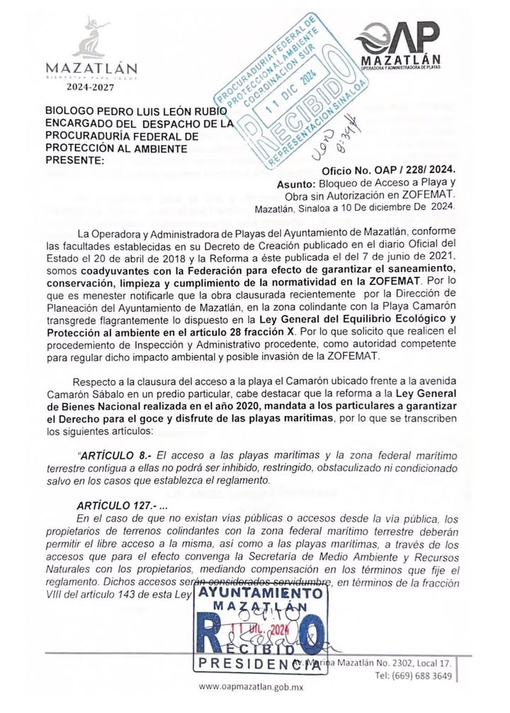 Operadora y Administradora de Playa notifica a Profepa sobre bloqueo de acceso a playa Camarón