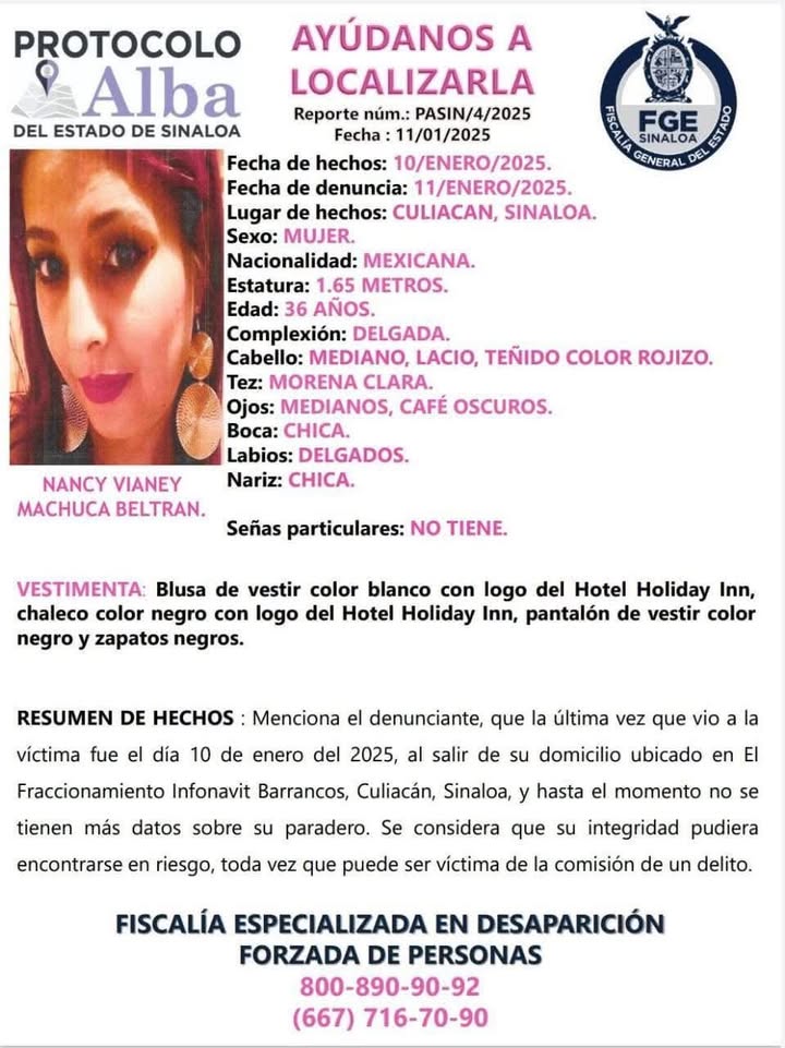 🚨🔍🔔 #FiscalíaSinaloa solicita la colaboración ciudadana para localizar a NANCY VIANEY MACHUCA BELTRÁN