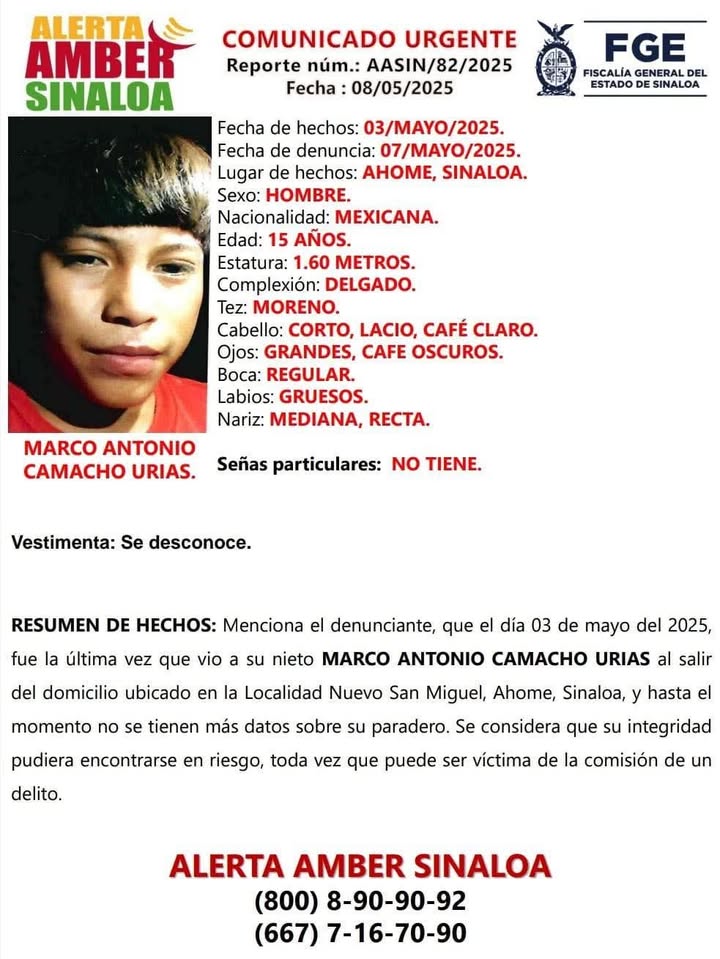 Activan #AlertaAmberSinaloa para localizar a Marco Antonio #CompartirEsAyudar