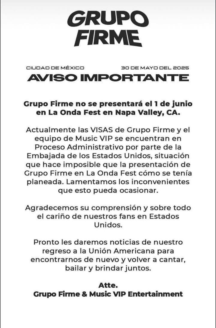 Eduin Caz y Grupo Firme anunciaron que, debido a problemas con sus visas, han tenido que cancelar su concierto en Napa Valley, C… Eduin Caz y Grupo Firme anunciaron que, debido a problemas con sus visas, han tenido que cancelar su concierto en Napa Valley, C…