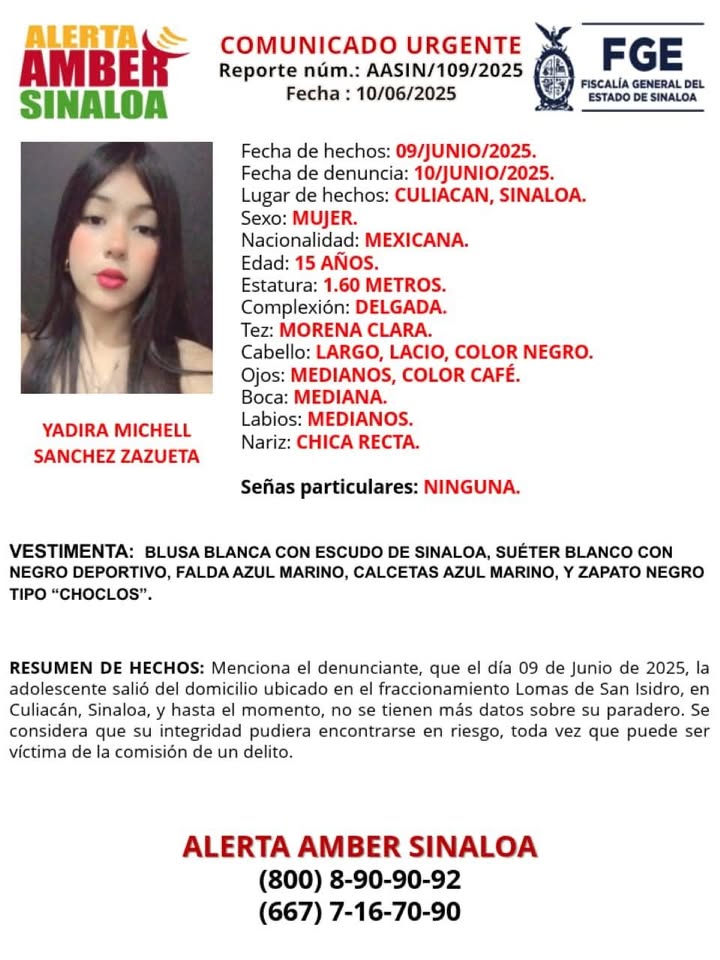 Activan #AlertaAmber por desaparición de Yadira Michell en #Culiacán Activan #AlertaAmber por desaparición de Yadira Michell en #Culiacán