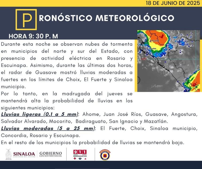 Pronóstico meteorológico: Durante esta noche y madrugada del jueves se mantendrá alta la probabilidad de lluvias en municipios d… Pronóstico meteorológico: Durante esta noche y madrugada del jueves se mantendrá alta la probabilidad de lluvias en municipios d…
