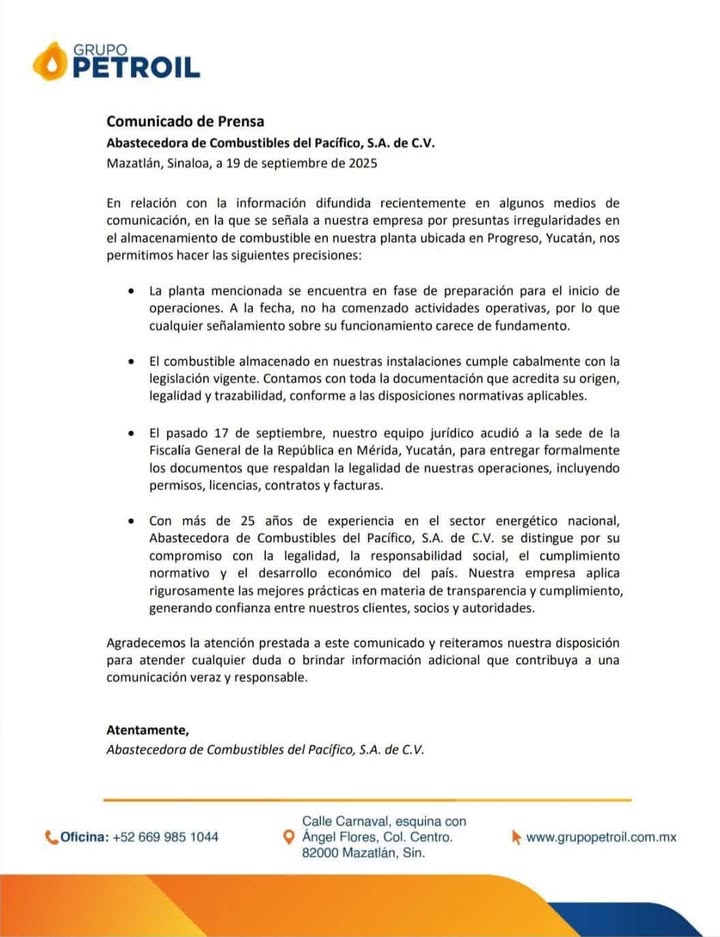 SE DESLINDA GRUPO PETROIL DE SEÑALAMIENTOS SOBRE PRESUNTA ILEGALIDAD DE COMBUSTIBLE ASEGURADO EN PROGRESO, YUCATÁN