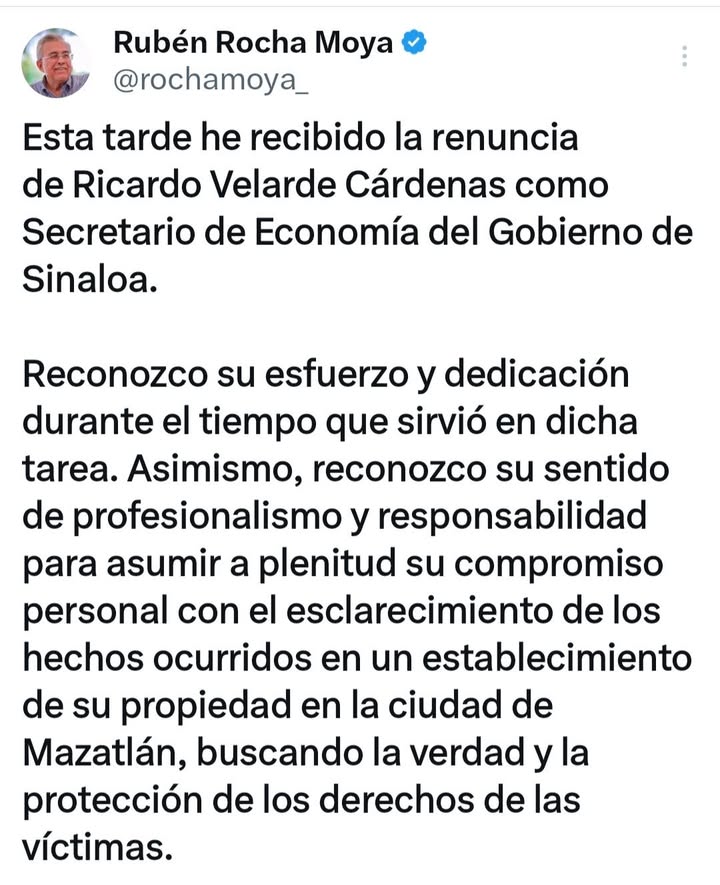 CONFIRMA EL GOBERNADOR RUBÉN ROCHA RENUNCIA DE RICARDO, PITY, VELARDE A LA SECRETARÍA DE ECONOMÍA