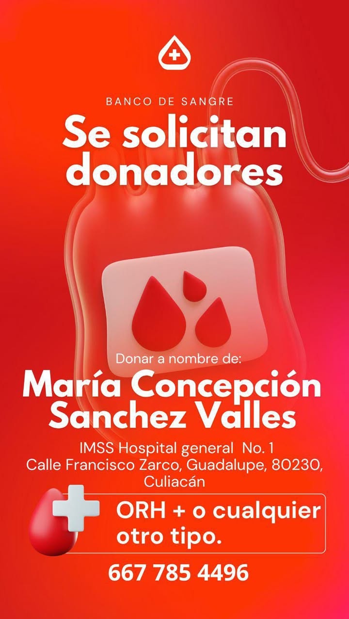 Se ocupan donadores de sangre para María Concepción Sánchez Valle