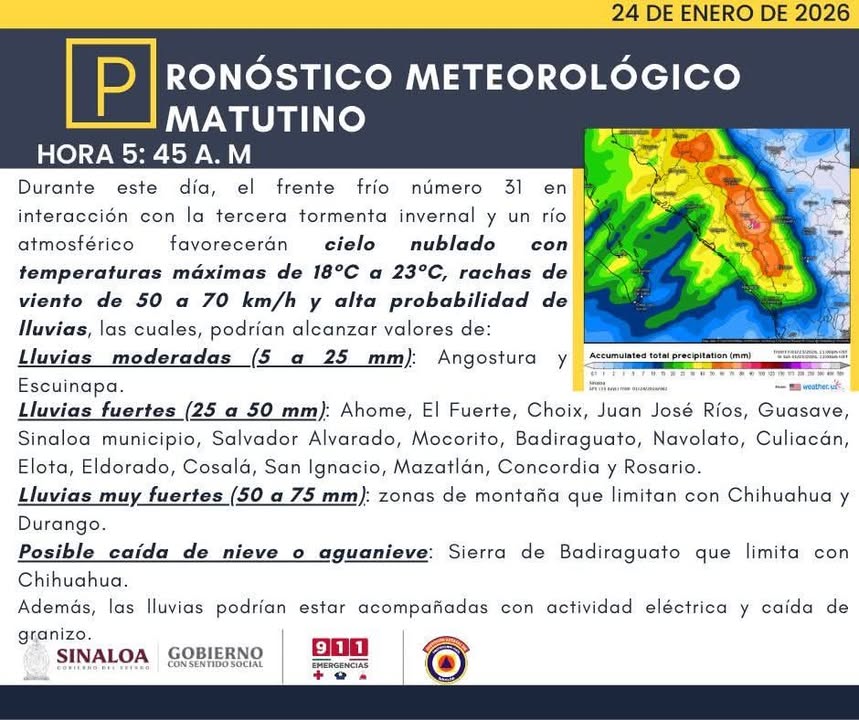 Pronóstico meteorológico de hoy sábado 24 de enero: Durante este día se prevé cielo nublado con alta probabilidad de lluvias, po…