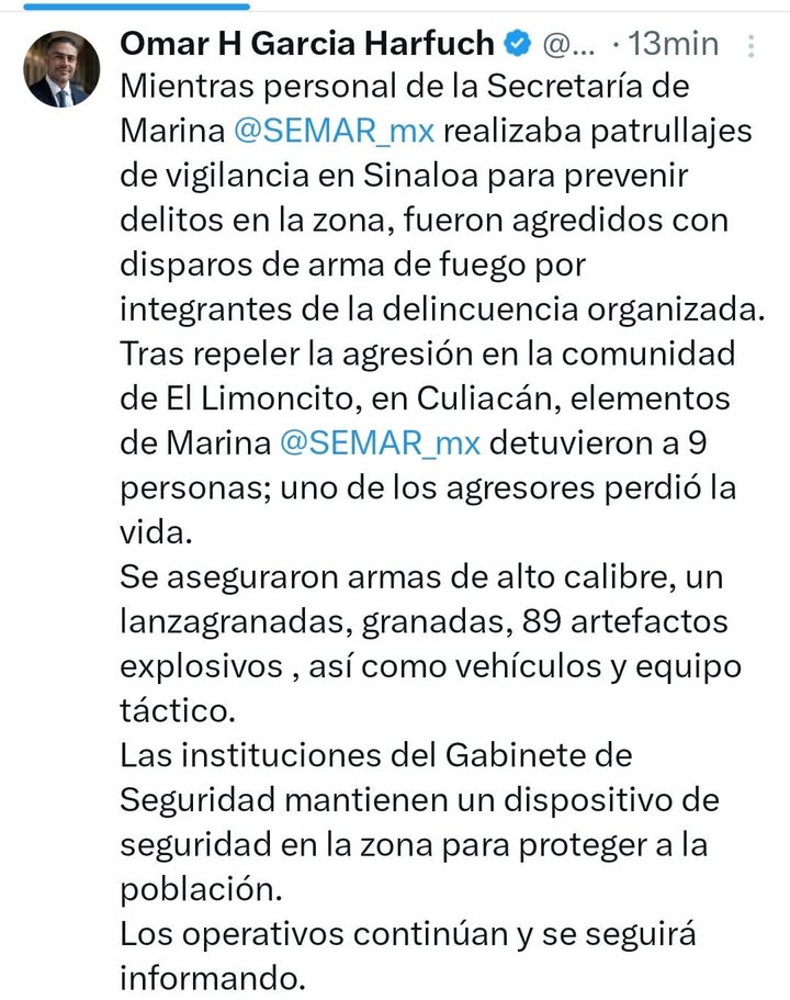 Ocho detenidos y un agresor muerto, en la Comunidad de El Limoncito en Culiacán, en enfrentamiento con La Marina, reporta Omar G…